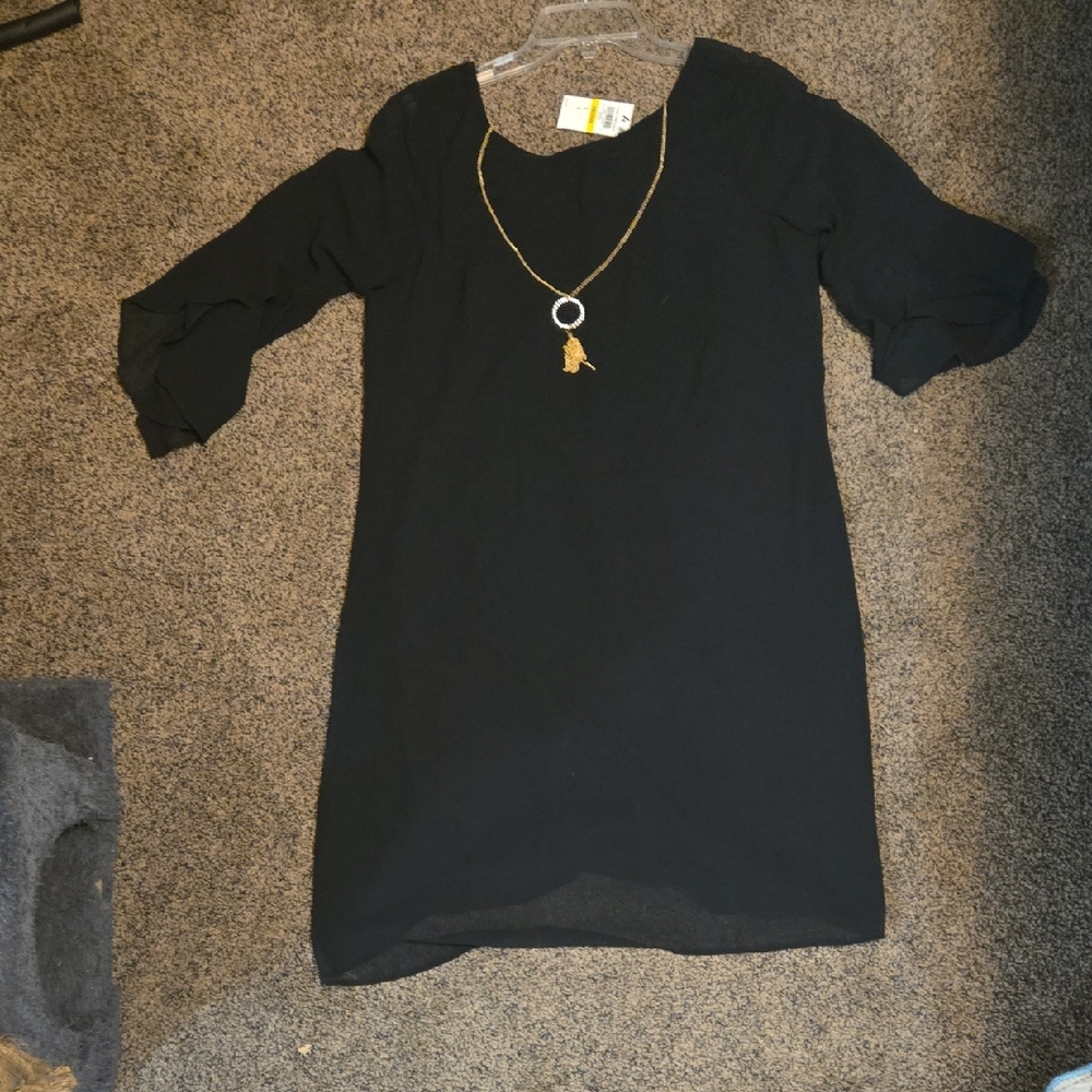 Thalia Sodi Black Dress with Gold Necklace